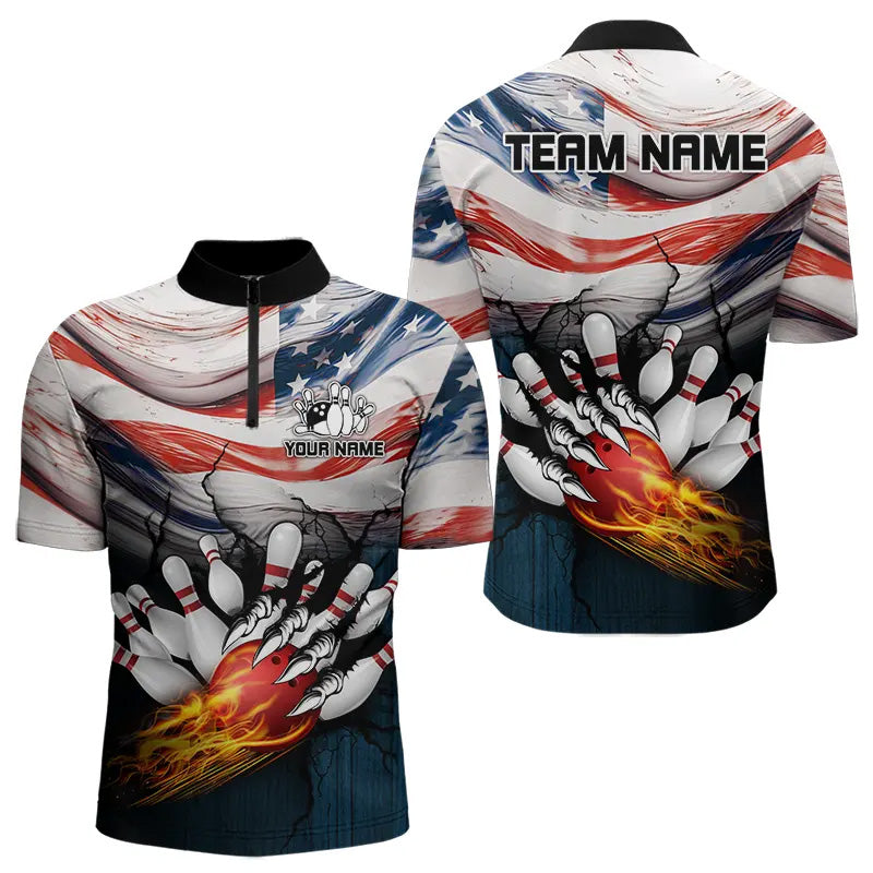 American flag Flame Bowling Polo, Quarter Zip shirts For Men custom patriotic bowling team jersey NQS9416
