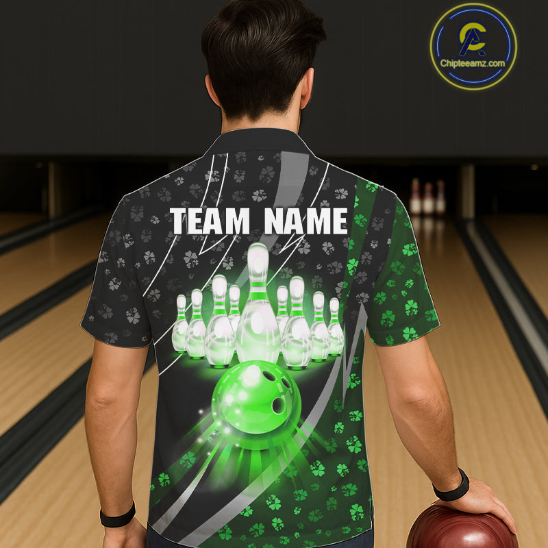 Black & Green Shamrock pattern Hawaiian Bowling Shirts Custom St Patrick Team Bowling button up shirt NQS11513