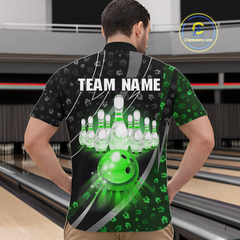 Black and Green Shamrock pattern Bowling Shirts for Men Custom St Patrick Team Bowling jerseys NQS11513