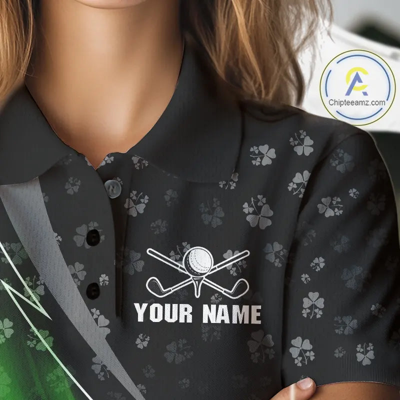 Black & Green Shamrock pattern Golf Polo Shirts For Women Custom St Patrick team women golf clothing NQS11514