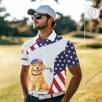 Personalized American flag golden retriever golf polo shirts for men custom name patriotic golf gifts NQS11518