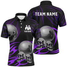 Load image into Gallery viewer, Black Men Bowling polo, quarter zip shirt Custom Skull bowling ball Men's Team League Jersey | Purple NQS7665