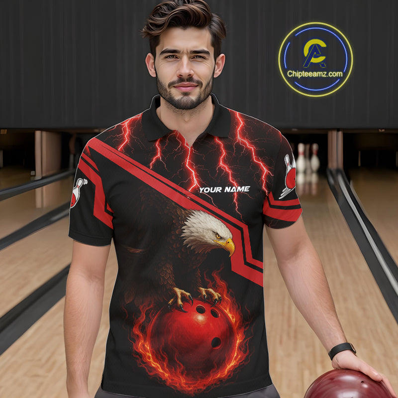 Black and Red Flame Lightning Thunder Eagle Bowling Shirts for Men Custom Bowling Team League Outfit NQS10917