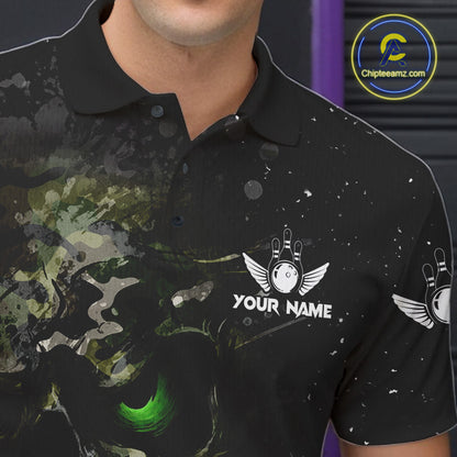 Black and Green Camo grunge American Flag Skull Bowling Shirts for Men Custom Bowling Team jerseys NQS11294