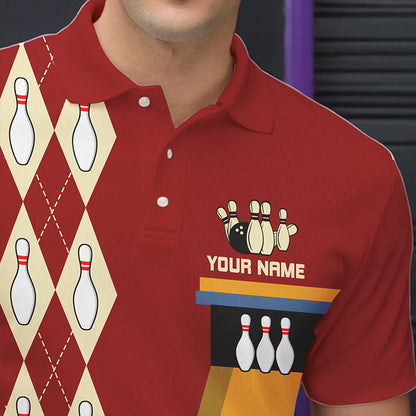 Red & Yellow Retro Bowling Polo, Quarter Zip shirt for Men Custom vintage team bowling jersey NQS9579