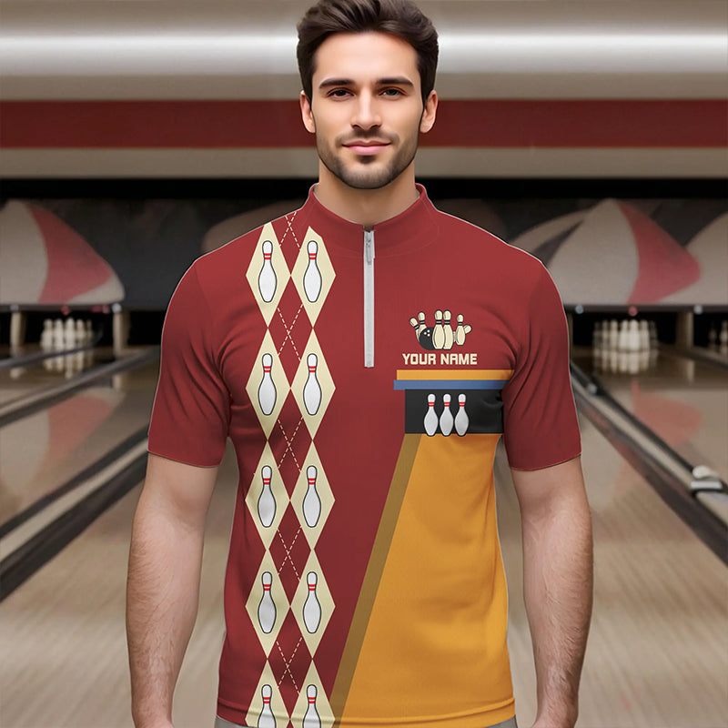 Red & Yellow Retro Bowling Polo, Quarter Zip shirt for Men Custom vintage team bowling jersey NQS9579