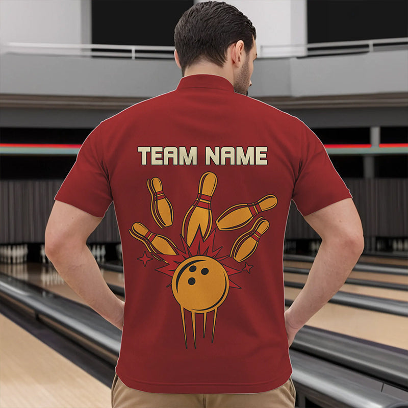 Red & Yellow Retro Bowling Polo, Quarter Zip shirt for Men Custom vintage team bowling jersey NQS9579