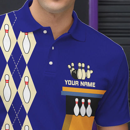 Blue & Yellow Retro Bowling Polo, Quarter Zip shirt for Men Custom vintage team bowling jersey NQS9583