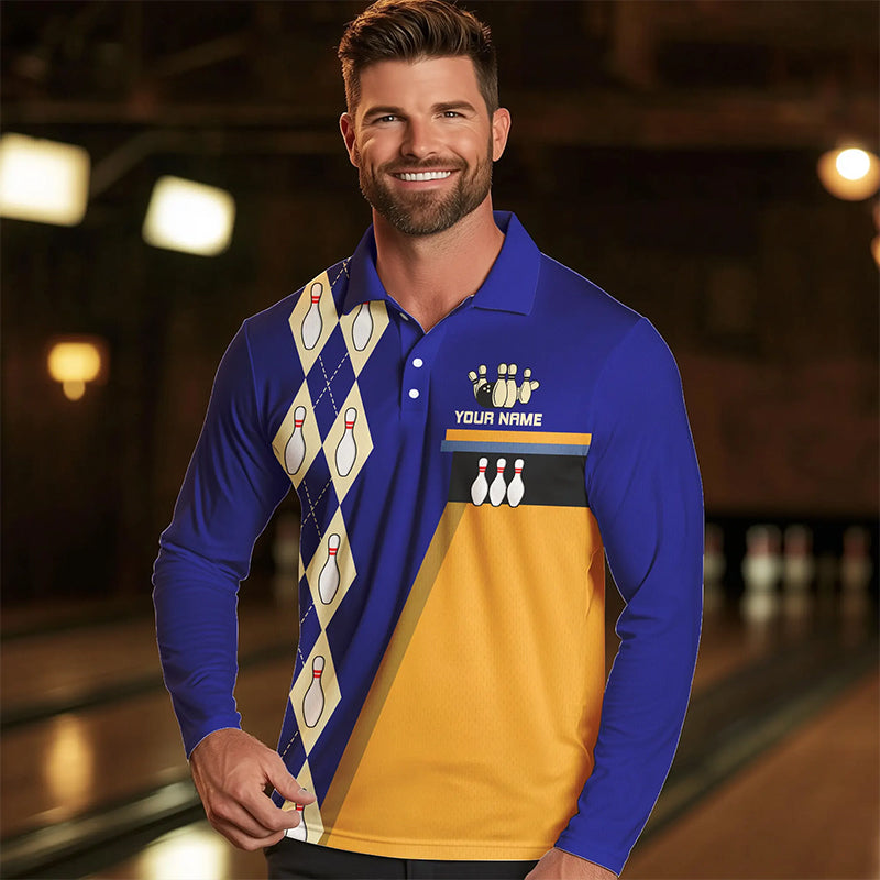 Blue & Yellow Retro Bowling Polo, Quarter Zip shirt for Men Custom vintage team bowling jersey NQS9583
