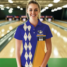 Load image into Gallery viewer, Blue &amp; Yellow Retro Bowling Polo, Quarter Zip shirt for Women Custom vintage team bowling jersey NQS9583