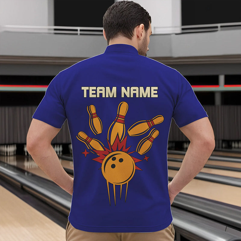 Blue & Yellow Retro Bowling Polo, Quarter Zip shirt for Men Custom vintage team bowling jersey NQS9583