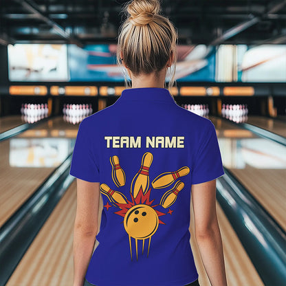 Blue & Yellow Retro Bowling Polo, Quarter Zip shirt for Women Custom vintage team bowling jersey NQS9583