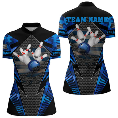 Blue Camo Bowling Polo, Quarter Zip Shirt For Women Custom Bowling Team League Jerseys NQS9733