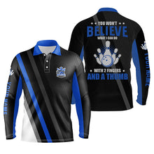 Load image into Gallery viewer, Blue &amp; black Mens bowling shirts Custom you won't believe what I can do with 2 fingers and a thumb NQS8523