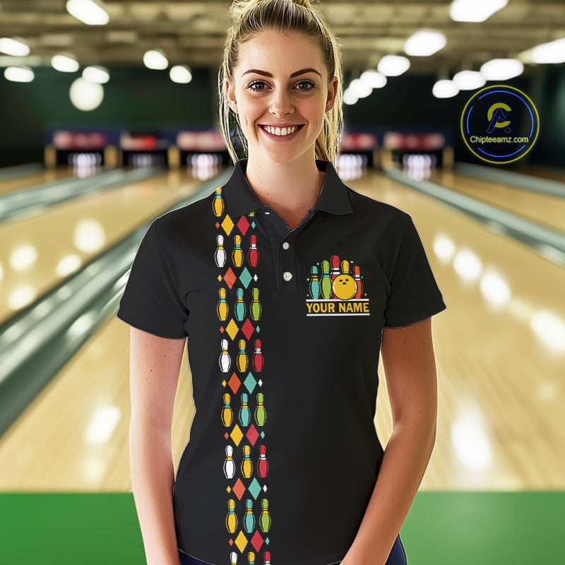 Personalized Black and Colorful Retro Bowling Polo, 1/4 Zip Team Shirt For Women Custom Bowling Gifts NQS11106