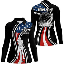 Load image into Gallery viewer, Black American flag custom Womens golf polo shirts, personalized patriot golf gifts for ladies NQS7896