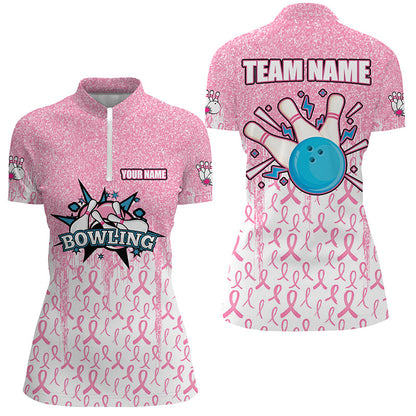 Pink glitter ribbon Women Bowing Polo, 1/4 Zip Shirts Custom Breast Cancer Awareness bowling jerseys NQS8103