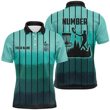 Load image into Gallery viewer, Mint Blue stripe Retro disc golf polo shirts for men custom name and number disc golf jerseys NQS8780