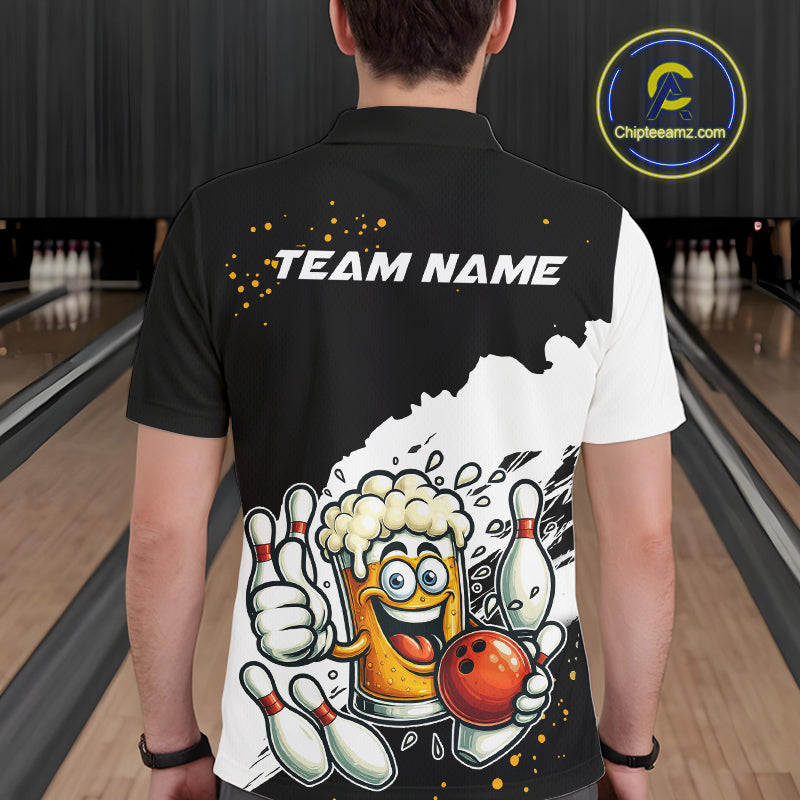 Funny Beer Glass Black and White Bowling Polo, 1/4 Zip Shirts for Men Custom Bowling Team Jersey NQS10933