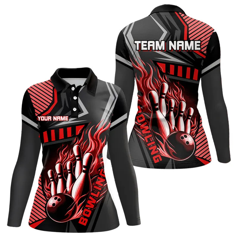Black and Red Bowling ball pins Polo, Quarter Zip shirt for women Custom Bowling Team League Jerseys NQS9256