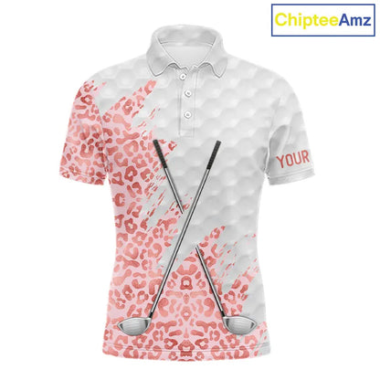 Pink glitter Leopard skin pattern custom name white Mens golf polo shirts, team golf tops for men NQS11526