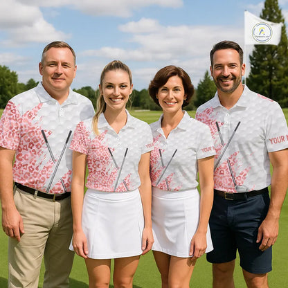Pink glitter Leopard skin pattern custom name white Womens golf polo shirts, team ladies golf tops NQS11526