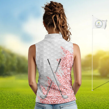 Pink glitter Leopard skin pattern custom name white sleeveless polo shirts, team ladies golf tops NQS11526