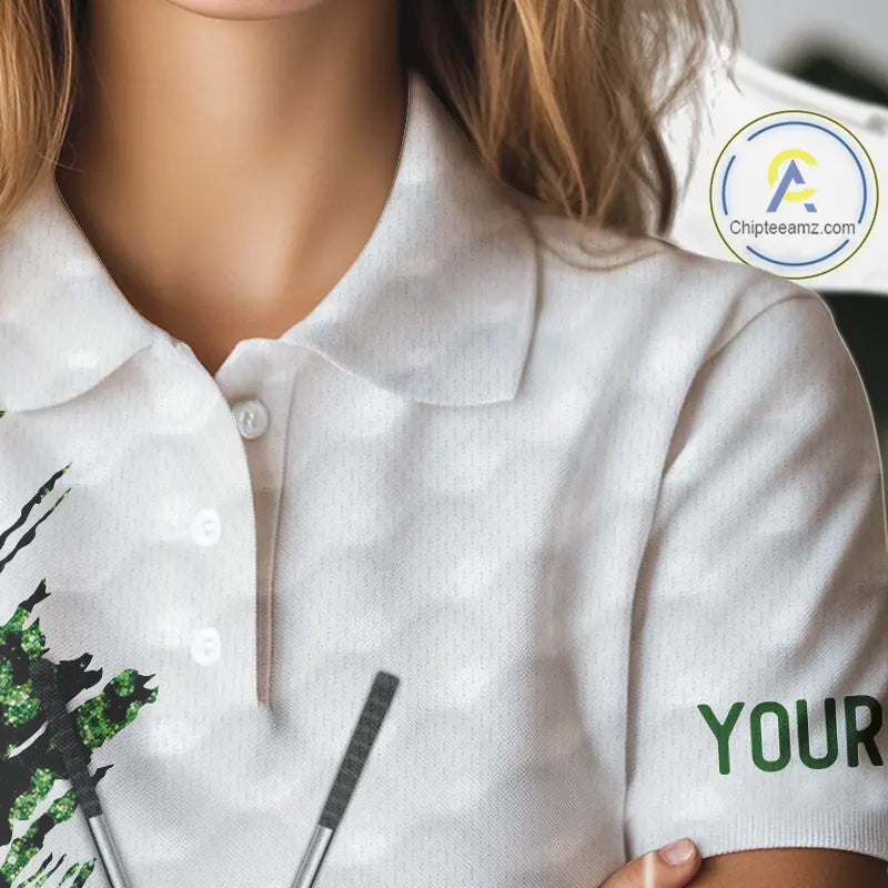 Green glitter Leopard skin pattern custom name white Womens golf polo shirts, team ladies golf tops NQS11527