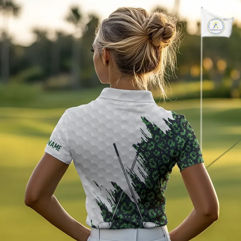 Green glitter Leopard skin pattern custom name white Womens golf polo shirts, team ladies golf tops NQS11527