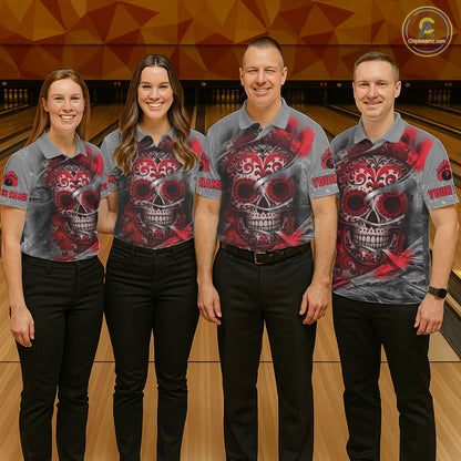 Red Sugar Skull Tattoo Custom Women Bowling Polo, Quarter Zip Shirts,Team Bowling Jerseys NQS11528
