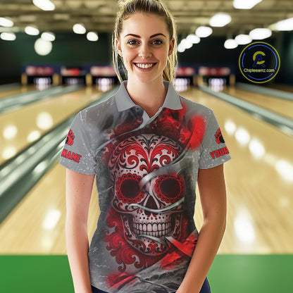 Red Sugar Skull Tattoo Custom Women Bowling Polo, Quarter Zip Shirts,Team Bowling Jerseys NQS11528