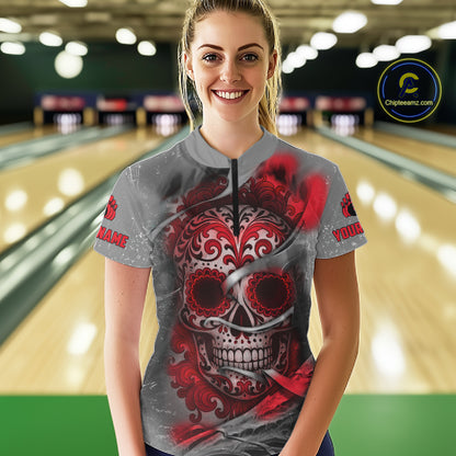 Red Sugar Skull Tattoo Custom Women Bowling Polo, Quarter Zip Shirts,Team Bowling Jerseys NQS11528