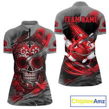 Load image into Gallery viewer, Red Sugar Skull Tattoo Custom Women Bowling Polo, Quarter Zip Shirts,Team Bowling Jerseys NQS11528