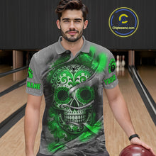 Load image into Gallery viewer, Green Sugar Skull Tattoo Custom Mens Bowling Polo, Quarter Zip Shirts,Team Bowling Jerseys NQS11529
