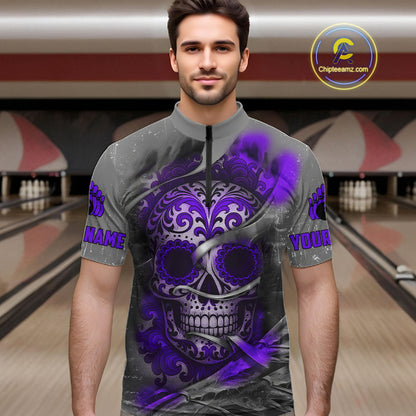 Purple Sugar Skull Tattoo Custom Mens Bowling Polo, Quarter Zip Shirts,Team Bowling Jerseys NQS11530