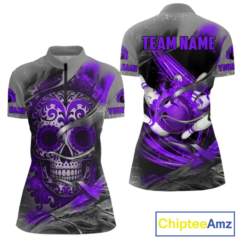 Purple Sugar Skull Tattoo Custom Women Bowling Polo, Quarter Zip Shirts,Team Bowling Jerseys NQS11530