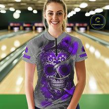 Load image into Gallery viewer, Purple Sugar Skull Tattoo Custom Women Bowling Polo, Quarter Zip Shirts,Team Bowling Jerseys NQS11530