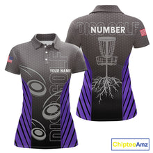 Load image into Gallery viewer, Women's disc golf polo shirt custom name, number camo disc golf jersey for ladies | Purple NQS11124