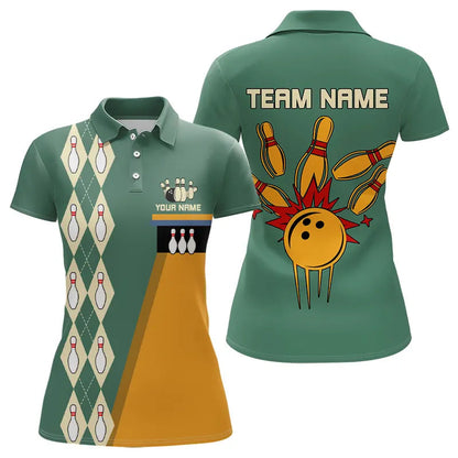 Mint Green & Yellow Retro Bowling Polo, Quarter Zip shirt for Women Custom vintage team bowling jersey NQS9262