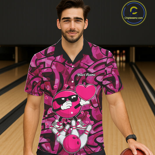 Funny Bowling heart pink graffiti pattern Valentine Bowling Hawaiian shirt Custom Bowling Outfits NQS11322