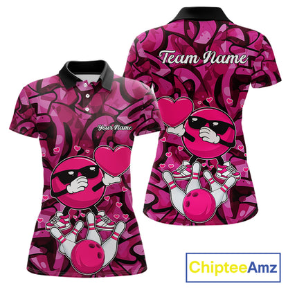 Funny Bowling heart pink graffiti pattern Custom Valentine matching bowling shirts for couples NQS11322