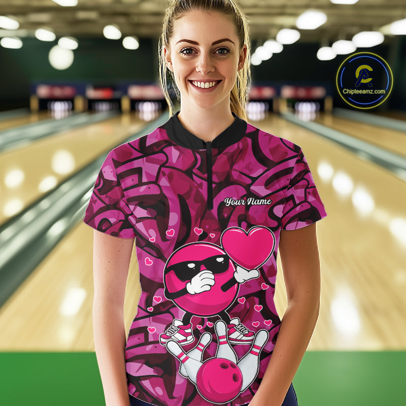 Funny Bowling heart pink graffiti pattern Valentine Women Bowling Shirt Custom Couple Bowling Outfits NQS11322