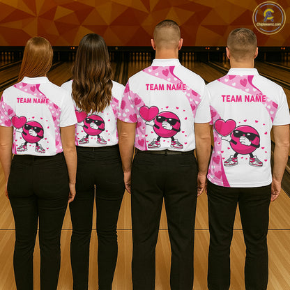 Personalized funny bowling ball pink heart pattern white Mens bowling shirts, Valentine bowling gifts NQS11325