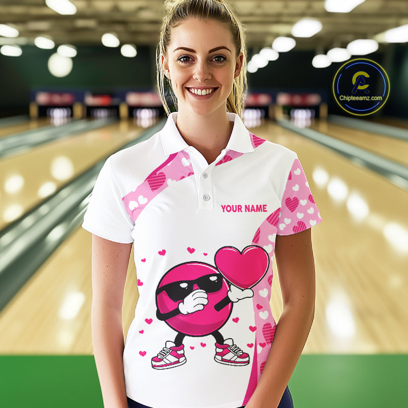 Personalized funny bowling ball pink heart pattern white Women bowling shirts, Valentine bowling gift NQS11325