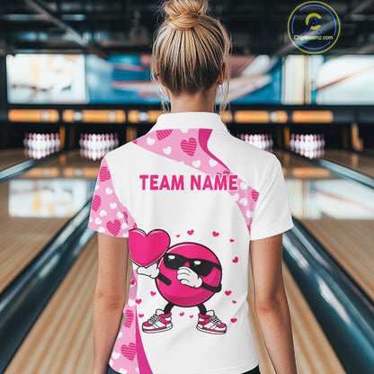 Personalized funny bowling ball pink heart pattern white Women bowling shirts, Valentine bowling gift NQS11325