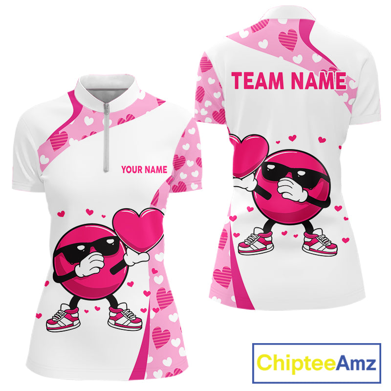 Personalized funny bowling ball pink heart pattern white Women bowling shirts, Valentine bowling gift NQS11325