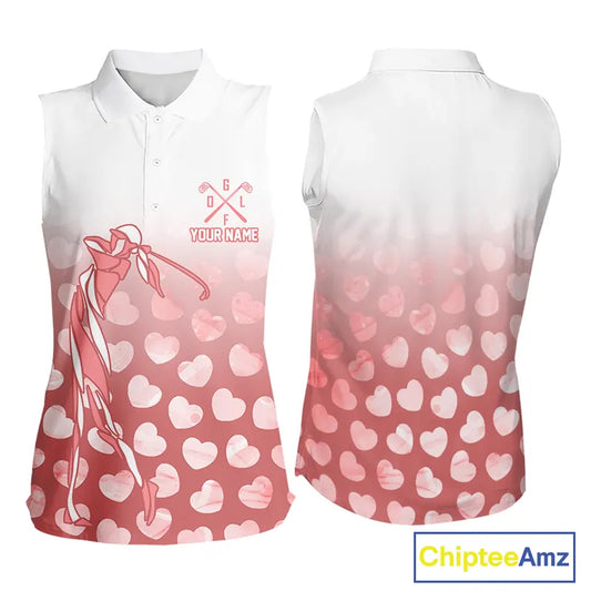 Personalized pink heart pattern white Sleeveless Golf Polo Shirt, custom Valentine golf gifts for her NQS11326