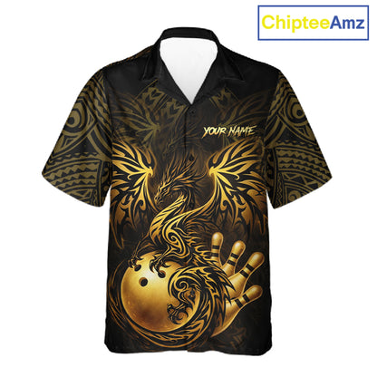 Custom Black And Gold tribal Dragon Bowling Hawaiian Shirt, Dragon Bowling Team Shirts Uniform NQS11534