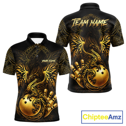 Custom Black And Gold tribal Dragon Bowling Shirts For Men, Dragon Bowling Team Shirts Uniform NQS11534