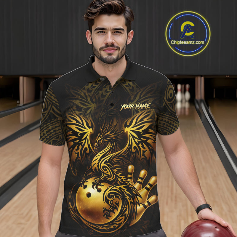 Custom Black And Gold tribal Dragon Bowling Shirts For Men, Dragon Bowling Team Shirts Uniform NQS11534
